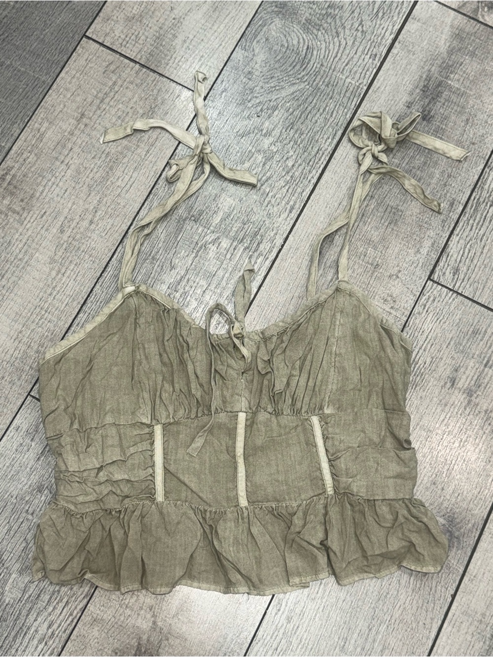 American Eagle Outfitters Olive Green Ruffle Tie-Shoulder Crop Camisole